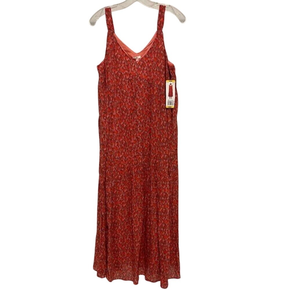 Bobeau Womens Red Pink Abstract Print V-Neck Sleeveless Lined Maxi Dress